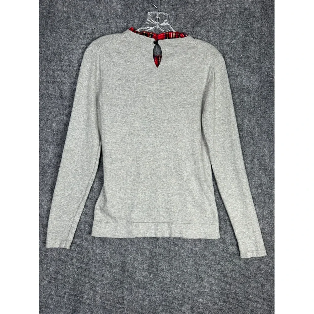 J.Crew Womens Plaid Ruffle Trim Sweater S Preppy Gray Long Sleeve‎ Pullover